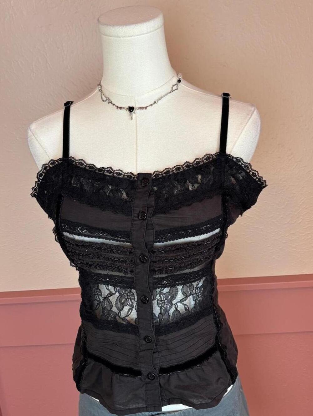 black lace grunge fairy top unit usa tie back ruffle peplum hem witchy grunge